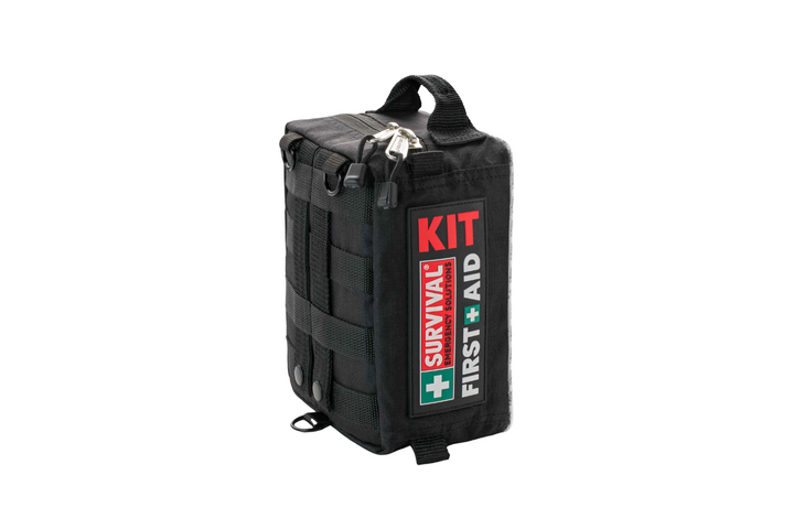 Travel Survival First Aid Kit – heavy-duty black case with labeled compartments and molle backing