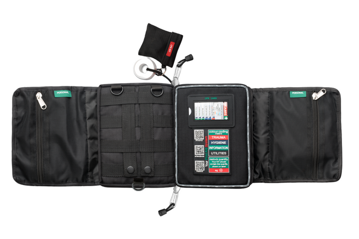 Travel First Aid Kit Layed out flat showing colour coding layout and CPR card