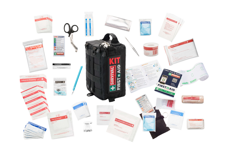 Travel First Aid Kit contents with items surronding the closed first aid kit show casing how much products are in the kit