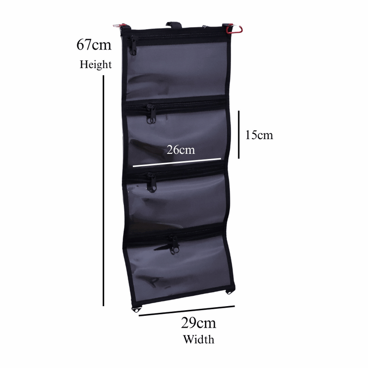 Black hanging organizer with measurements on a white background