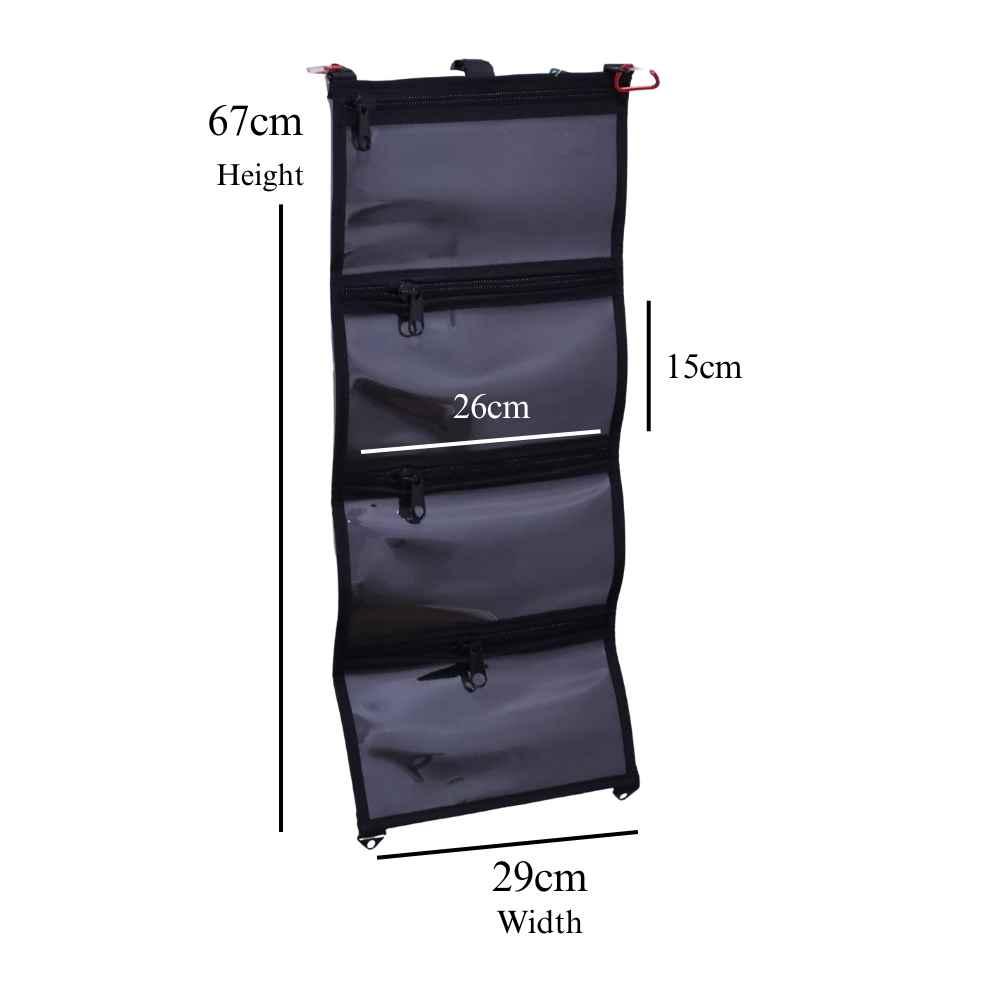 Black hanging organizer with measurements on a white background