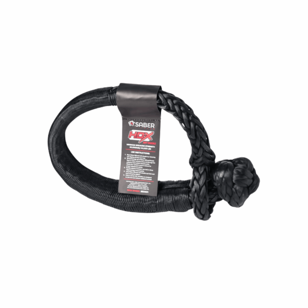 A black Saber HDX Soft Shackle with a label attached that includes the brand name and product specifications.