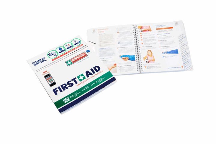 First Aid Emergency Handbook 6th Edition  showing the book open and closed with clear images of the internal pages