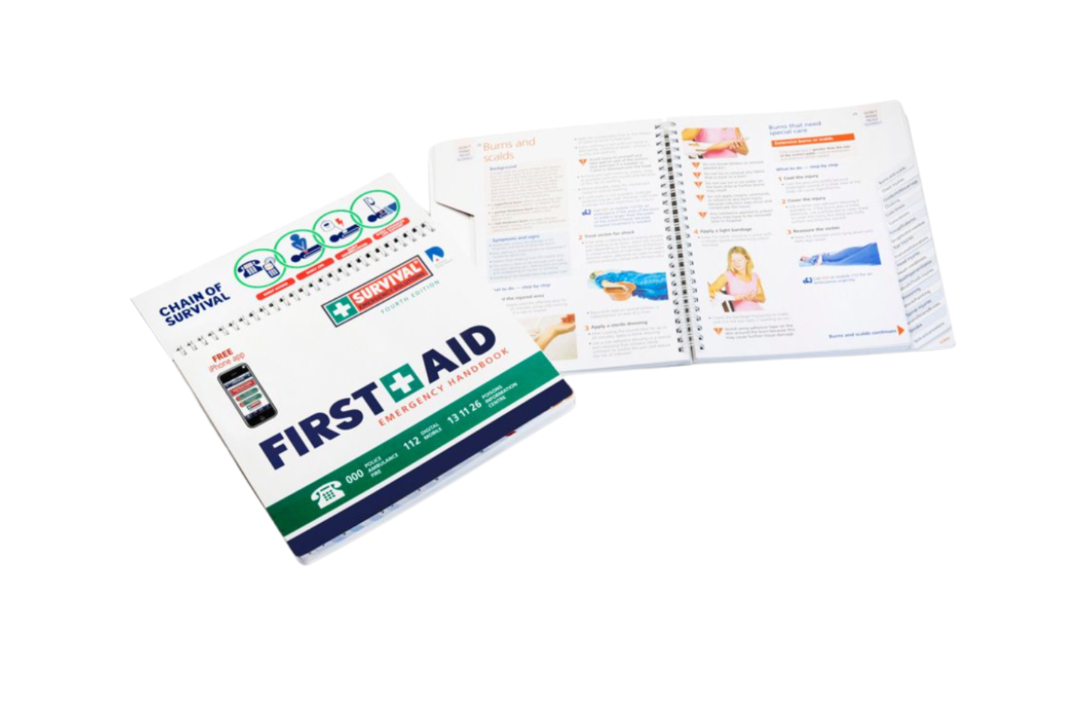 First Aid Emergency Handbook 6th Edition  showing the book open and closed with clear images of the internal pages