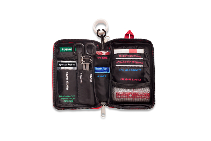 Compact red first aid survival kit with labeled compartments for quick access