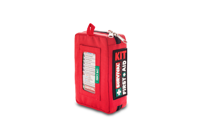 Durable red emergency first aid kit designed for vehicles, camping, or work use