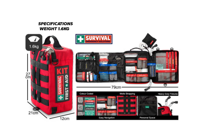 Survival FIrst Aid Kit Specification with measurements and weights for understanding where it can fit and be stored
