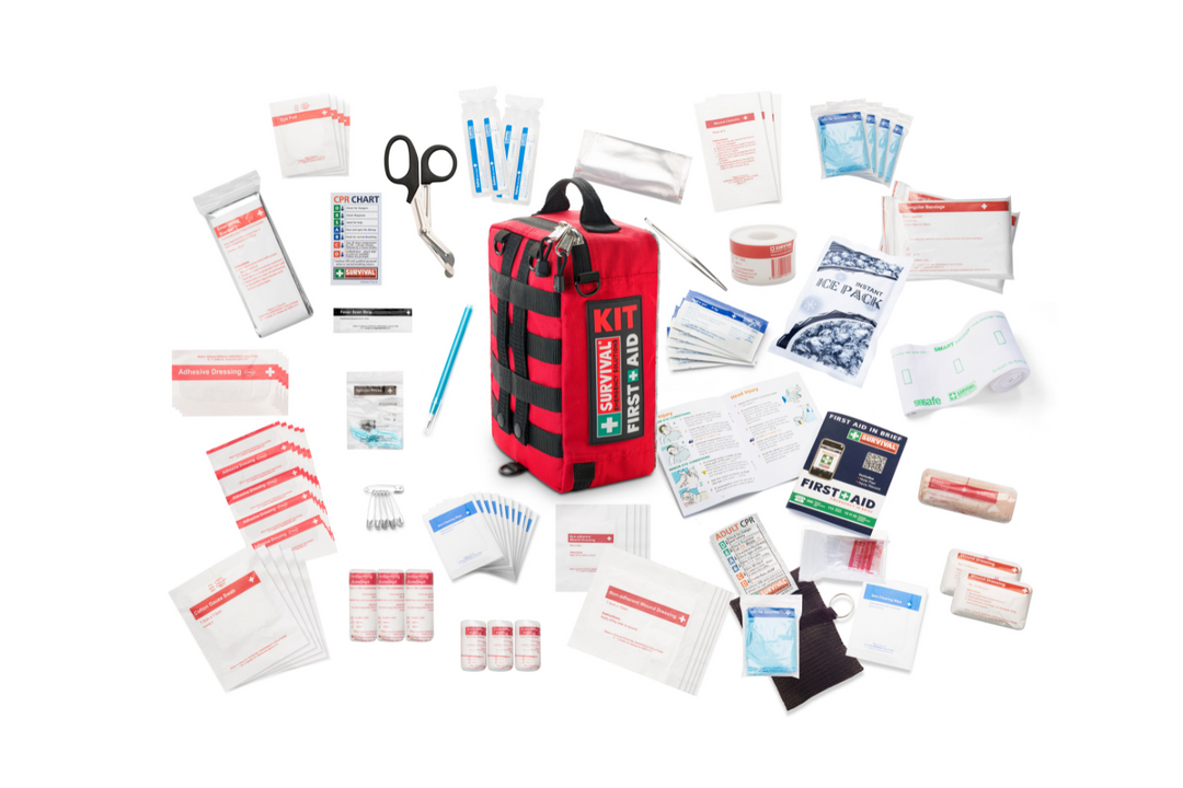 Survival Family First Aid Kit Contents around the closed product showcasing multiple items in clear view 
