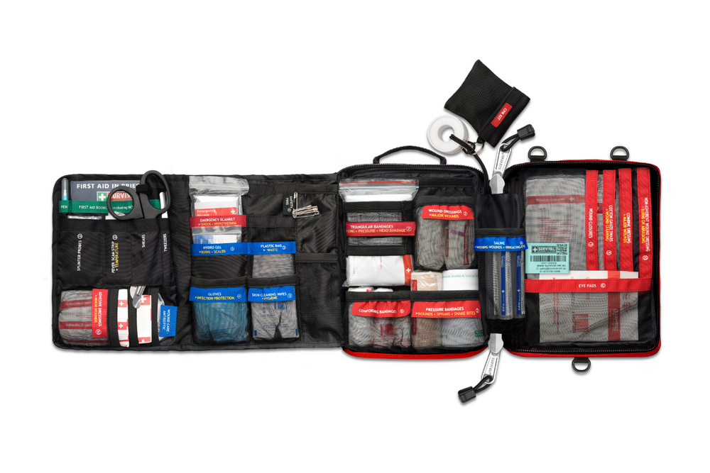 Open view of Family Survival First Aid Kit showing organized medical supplies and clear labeling