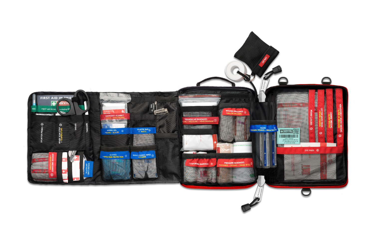 Open view of Family Survival First Aid Kit showing organized medical supplies and clear labeling