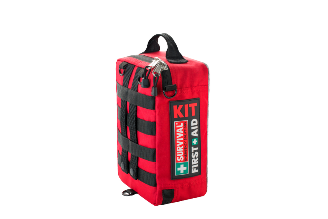 Picture showing family first aid kit in red showing the overall product with molle backing