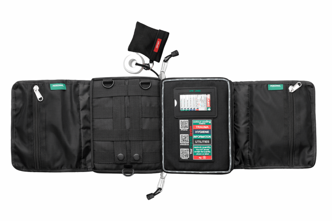 Travel First Aid Kit Layed out flat showing colour coding layout and CPR card