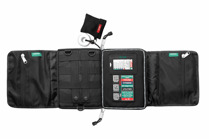 Travel First Aid Kit Layed out flat showing colour coding layout and CPR card